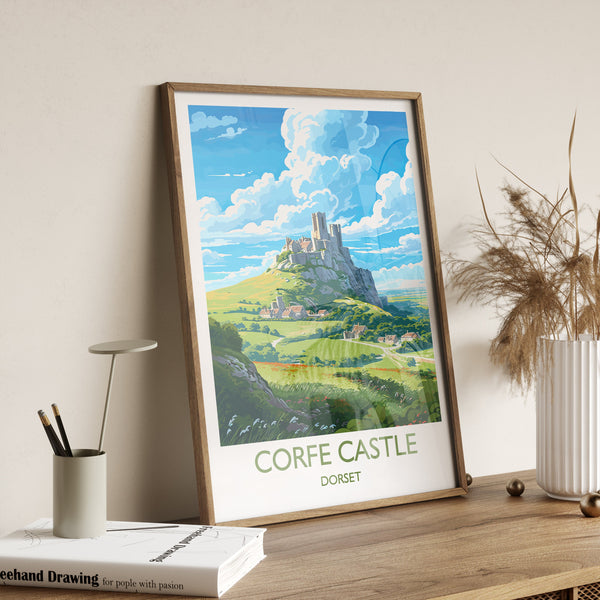 Corfe Castle Travel Print, Travel Poster of Corfe Castle, England, Corfe Castle Gift, Dorset Gift, Wall Art Print
