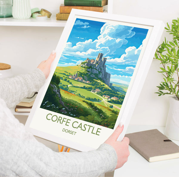 Corfe Castle Travel Print, Travel Poster of Corfe Castle, England, Corfe Castle Gift, Dorset Gift, Wall Art Print