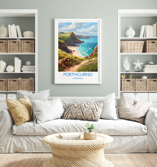Porthcurno Travel Poster, Travel Print of Porthcurno, England, Cornwall Art, Porthcurno Gift, Cornwall Gift, Wall Art Print