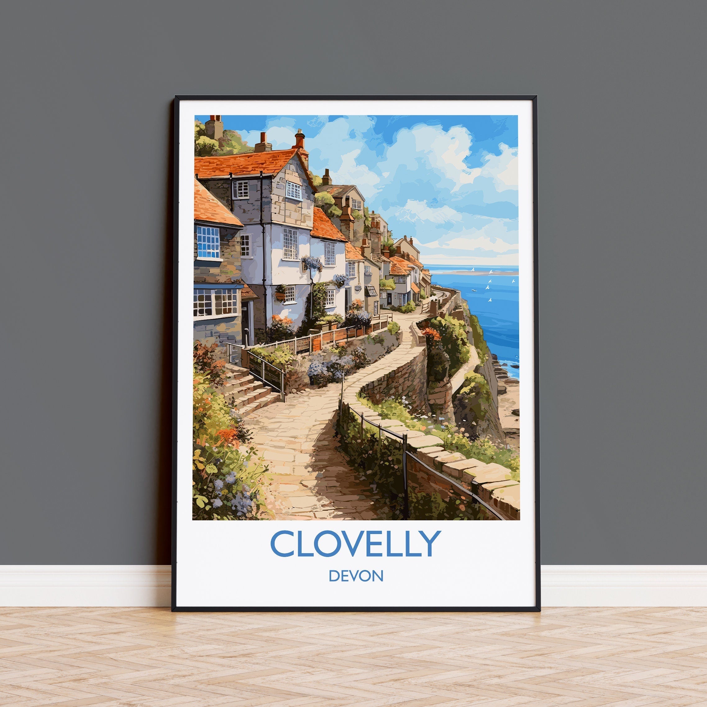 Clovelly Travel Poster, Clovelly Travel Print, England, Devon Art, Devon Gift, Wall Art Print NQ Media Designs