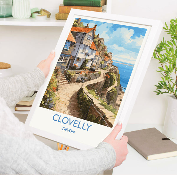 Clovelly Travel Poster, Clovelly Travel Print, England, Devon Art, Devon Gift, Wall Art Print