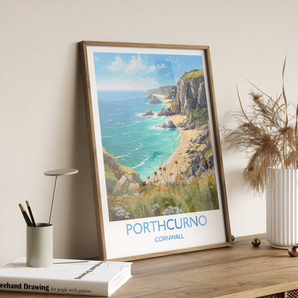 Porthcurno Travel Print, Travel Poster of Porthcurno, England, Cornwall Art, Porthcurno Gift, Cornwall Gift, Wall Art Print