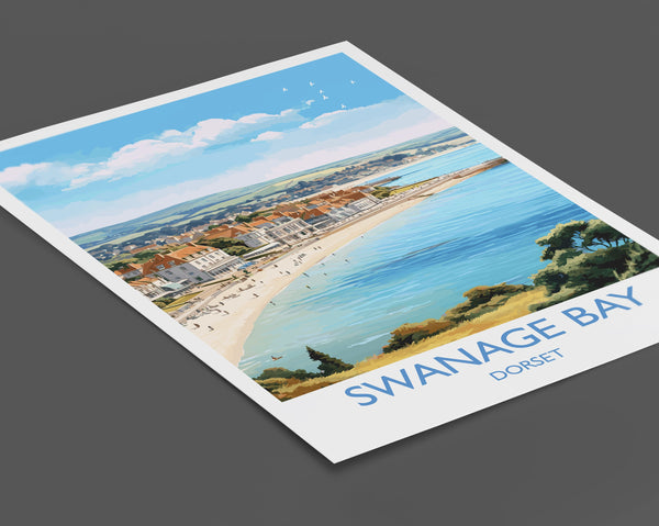 Swanage Bay Travel Print, Travel Poster of Swanage Bay, England, Dorset Coast Art, Dorset Gift, Wall Art Print