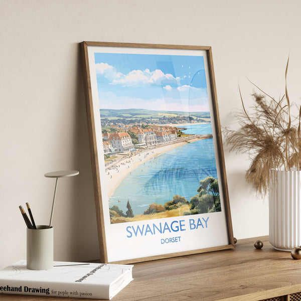 Swanage Bay Travel Print, Travel Poster of Swanage Bay, England, Dorset Coast Art, Dorset Gift, Wall Art Print