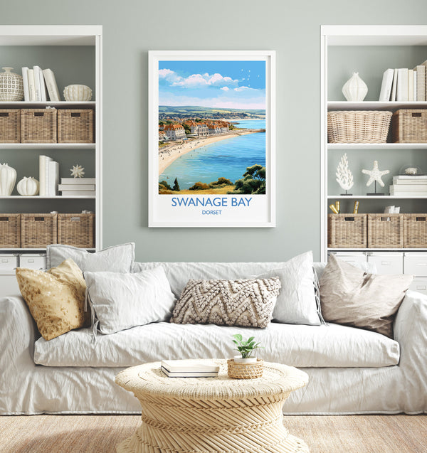 Swanage Bay Travel Print, Travel Poster of Swanage Bay, England, Dorset Coast Art, Dorset Gift, Wall Art Print