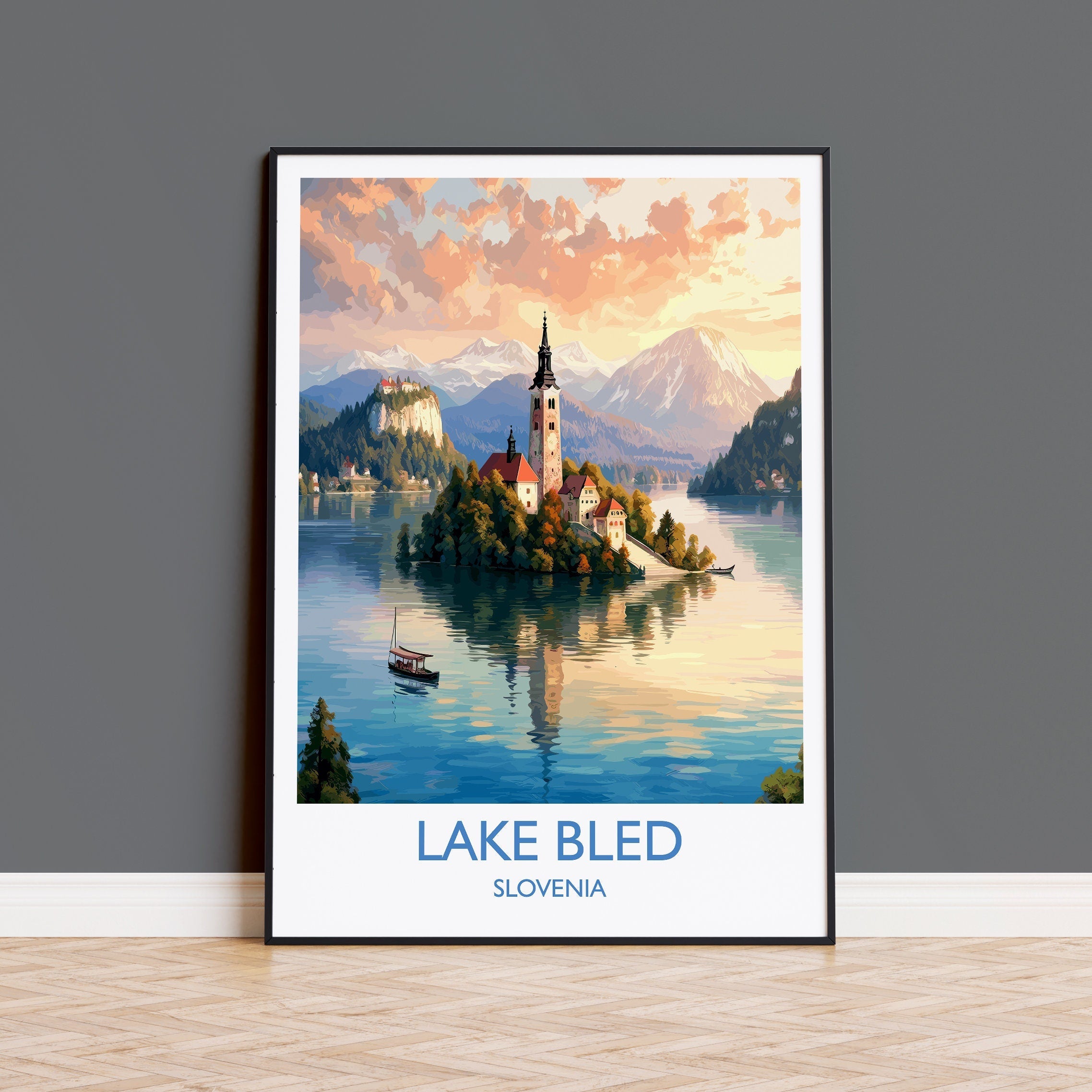 Lake Bled Travel Poster, Travel Print of Lake Bled, Slovenia, Slovenia Art, Lake Bled Gift, Wall Art Print NQ Media Designs