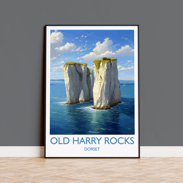 Old Harry Rocks Print, Travel Poster of Old Harry Rocks, England, Dorset Coast Art, Dorset Gift, Wall Art Print
