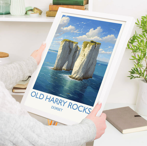 Old Harry Rocks Print, Travel Poster of Old Harry Rocks, England, Dorset Coast Art, Dorset Gift, Wall Art Print