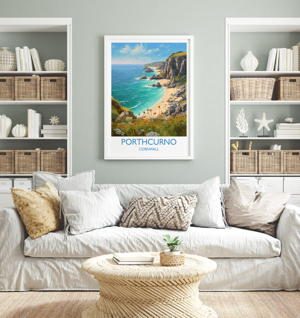 Porthcurno Travel Print, Travel Poster of Porthcurno, England, Cornwall Art, Porthcurno Gift, Cornwall Gift, Wall Art Print