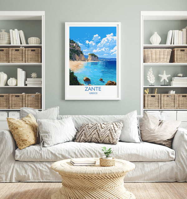 Zante Travel Print, Travel Poster of Zante, Greece Gift, Greek Islands Art, Zante Gift, Wall Art Print