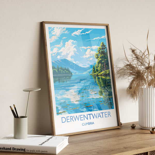 Derwentwater Travel Poster, Derwentwater Travel Print, England, Cumbria Art, Derwentwater Gift, Lake District, Wall Art Print