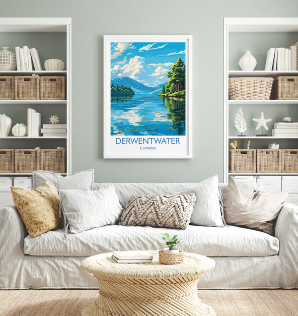 Derwentwater Travel Poster, Derwentwater Travel Print, England, Cumbria Art, Derwentwater Gift, Lake District, Wall Art Print