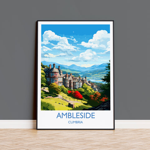 Ambleside Travel Print, Ambleside Travel Poster, England, Cumbria Art, Ambleside Gift, Lake District, Wall Art Print
