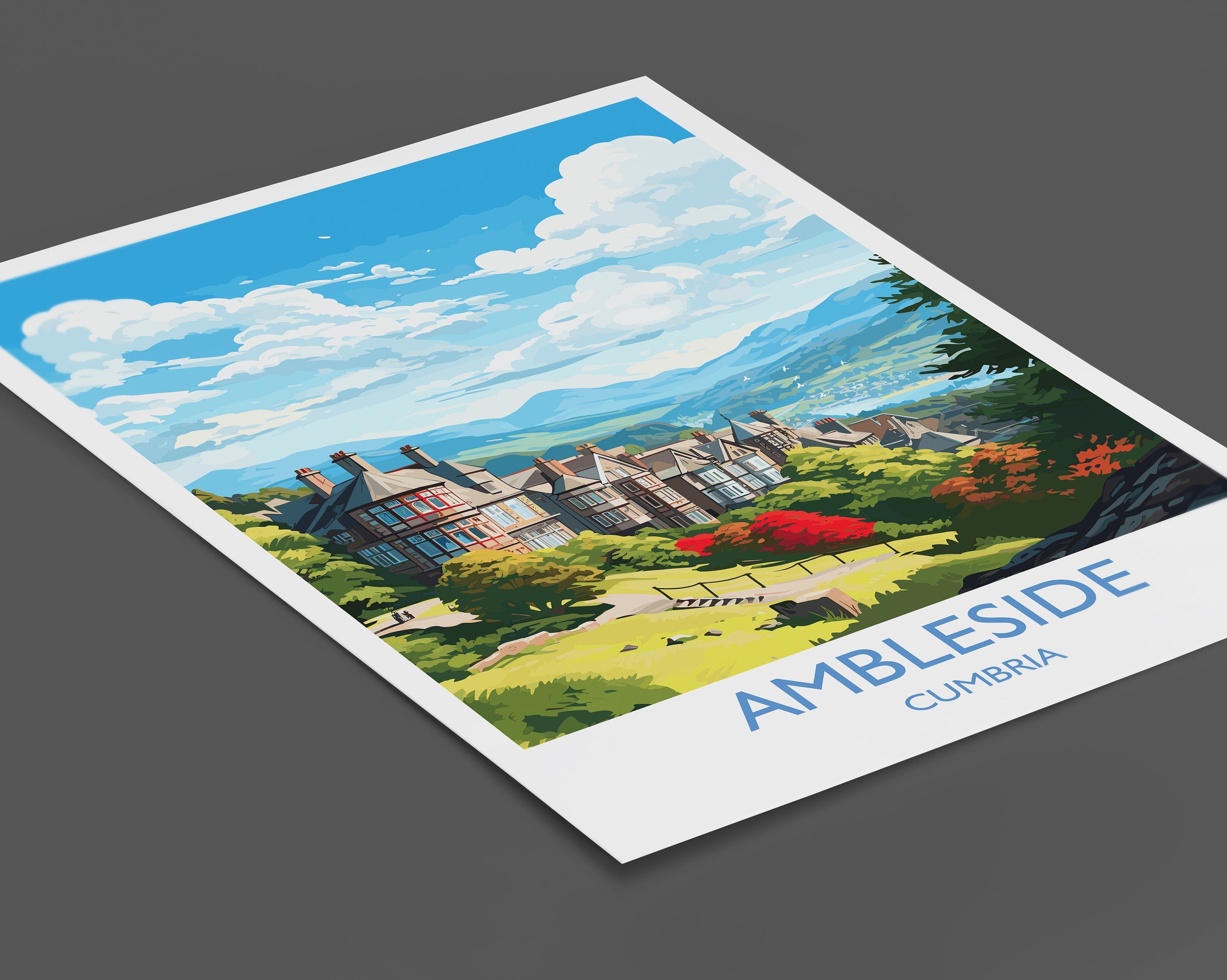 Ambleside Travel Print, Ambleside Travel Poster, England, Cumbria Art, Ambleside Gift, Lake District, Wall Art Print NQ Media Designs