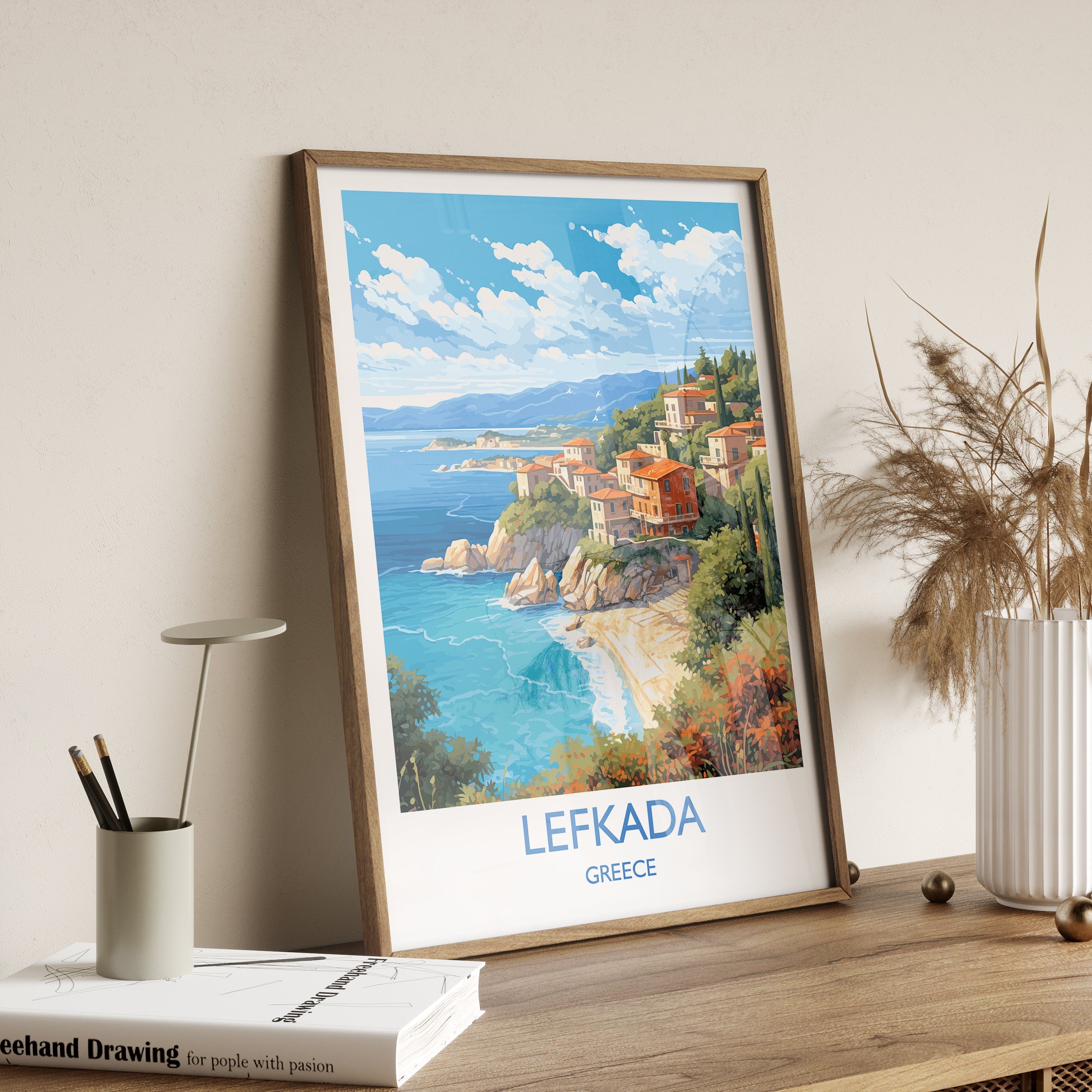 Lefkada Travel Poster, Travel Print of Lefkada, Greece Gift, Greek Islands Art, Lefkada Gift, Wall Art Print NQ Media Designs