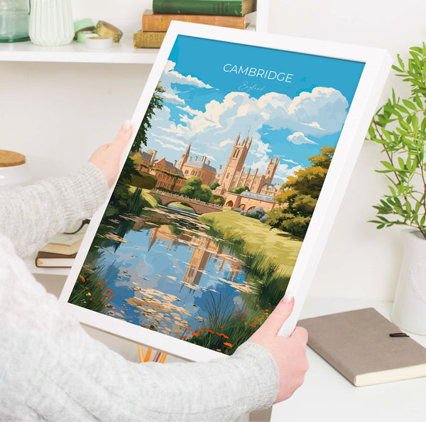 Cambridge Travel Print, Travel Poster of Cambridge, Cambridgeshire, England, Cambridge Art, UK Gift, Wall Art Print