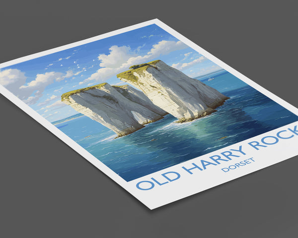 Old Harry Rocks Print, Travel Poster of Old Harry Rocks, England, Dorset Coast Art, Dorset Gift, Wall Art Print