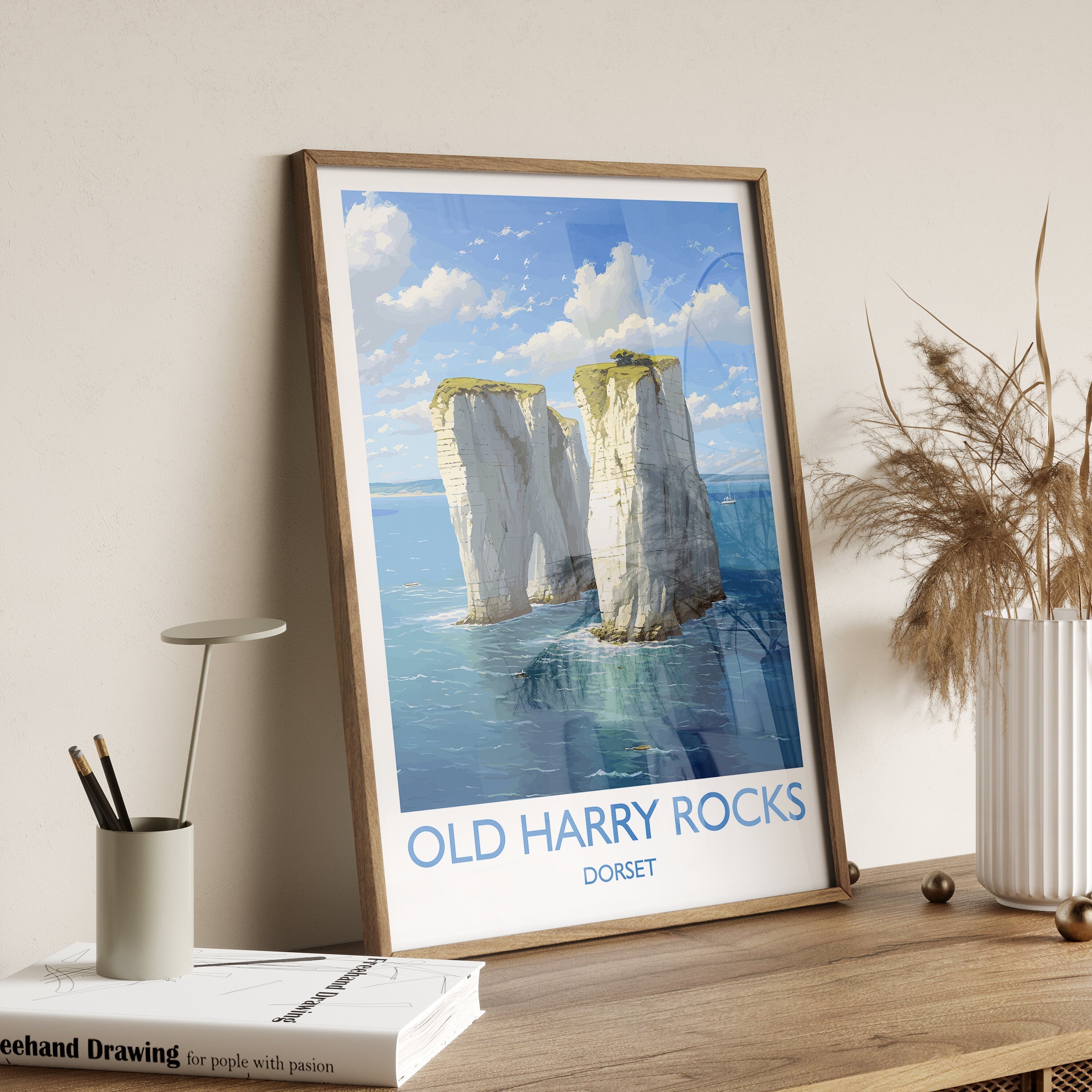 Old Harry Rocks Print, Travel Poster of Old Harry Rocks, England, Dorset Coast Art, Dorset Gift, Wall Art Print NQ Media Designs