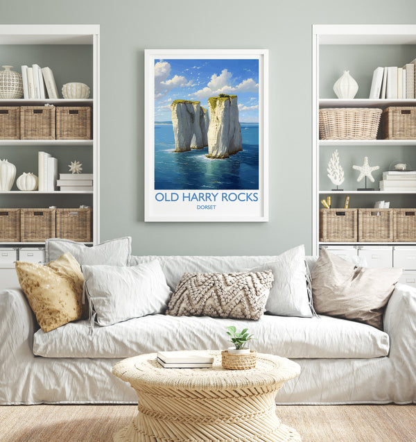 Old Harry Rocks Print, Travel Poster of Old Harry Rocks, England, Dorset Coast Art, Dorset Gift, Wall Art Print