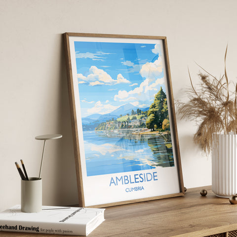 Ambleside Travel Poster, Ambleside Travel Print, England, Cumbria Art, Ambleside Gift, Lake District, Wall Art Print