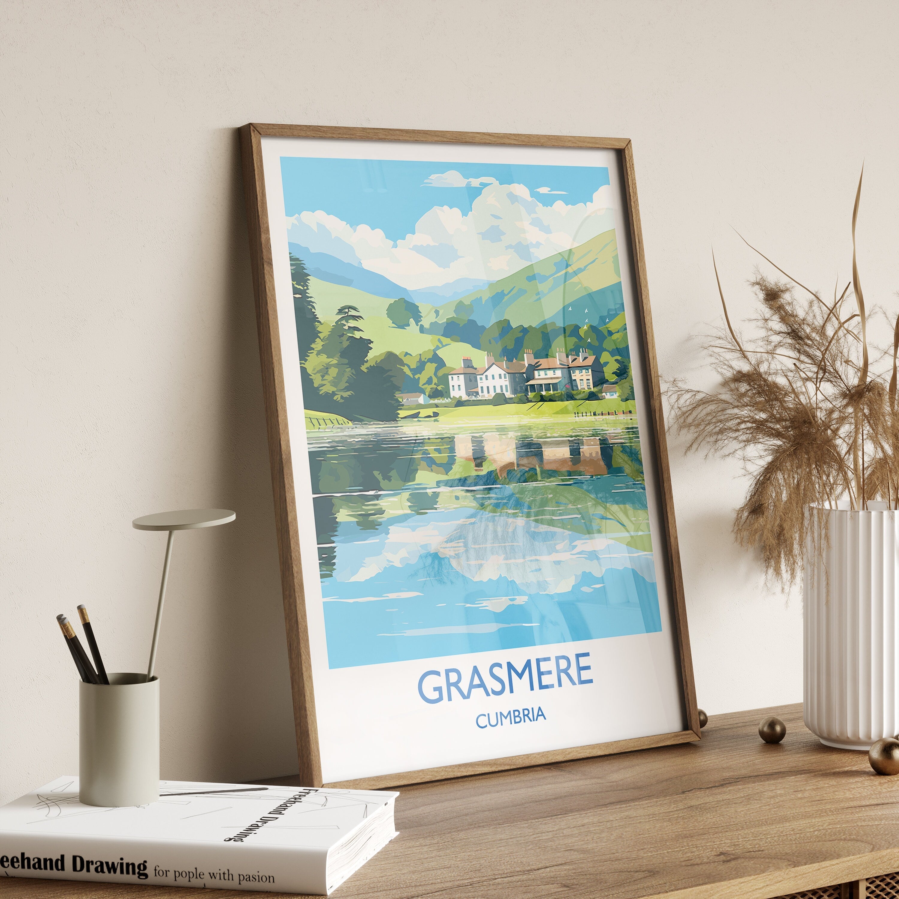 Grasmere Travel Poster, Grasmere Travel Print, England, Cumbria Art, Grasmere Gift, Lake District, Wall Art Print NQ Media Designs