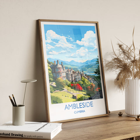 Ambleside Travel Print, Ambleside Travel Poster, England, Cumbria Art, Ambleside Gift, Lake District, Wall Art Print