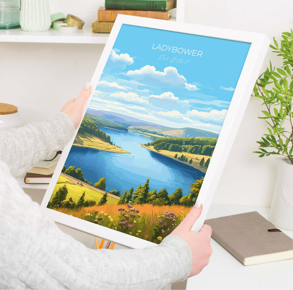 Ladybower Travel Print, Travel Poster of Ladybower, Ladybower Reservoir, Ladybower Art, Peak District Gift, Peak District Wall Art Print