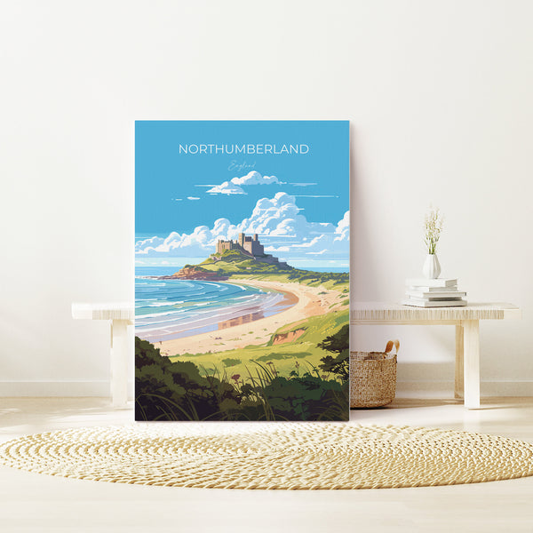 Northumberland Travel Poster, Travel Print of Northumberland Coast, England, Northumberland Art, Bamburgh Castle Gift, Wall Art Print