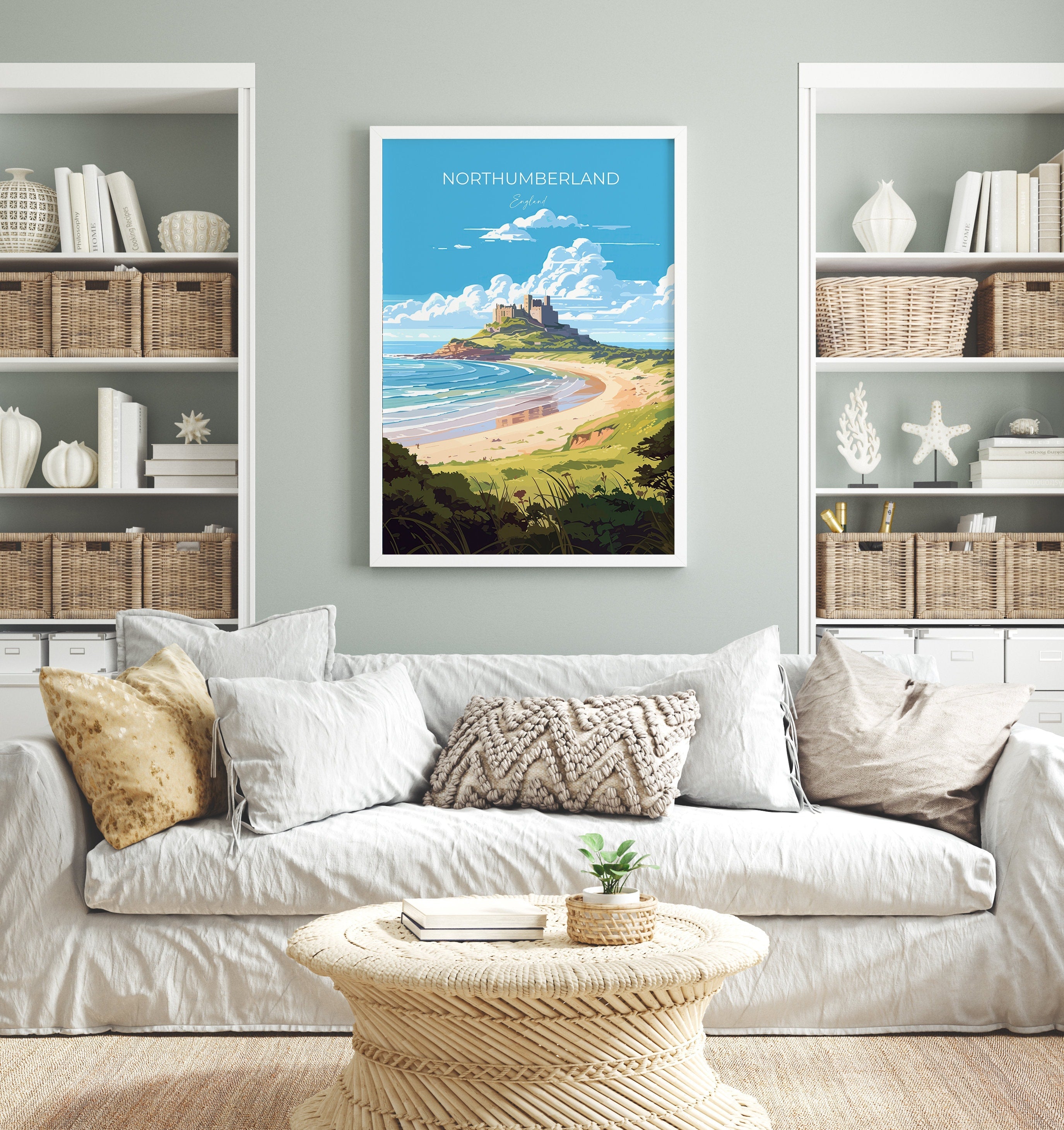 Northumberland Travel Poster, Travel Print of Northumberland Coast, England, Northumberland Art, Bamburgh Castle Gift, Wall Art Print NQ Media Designs