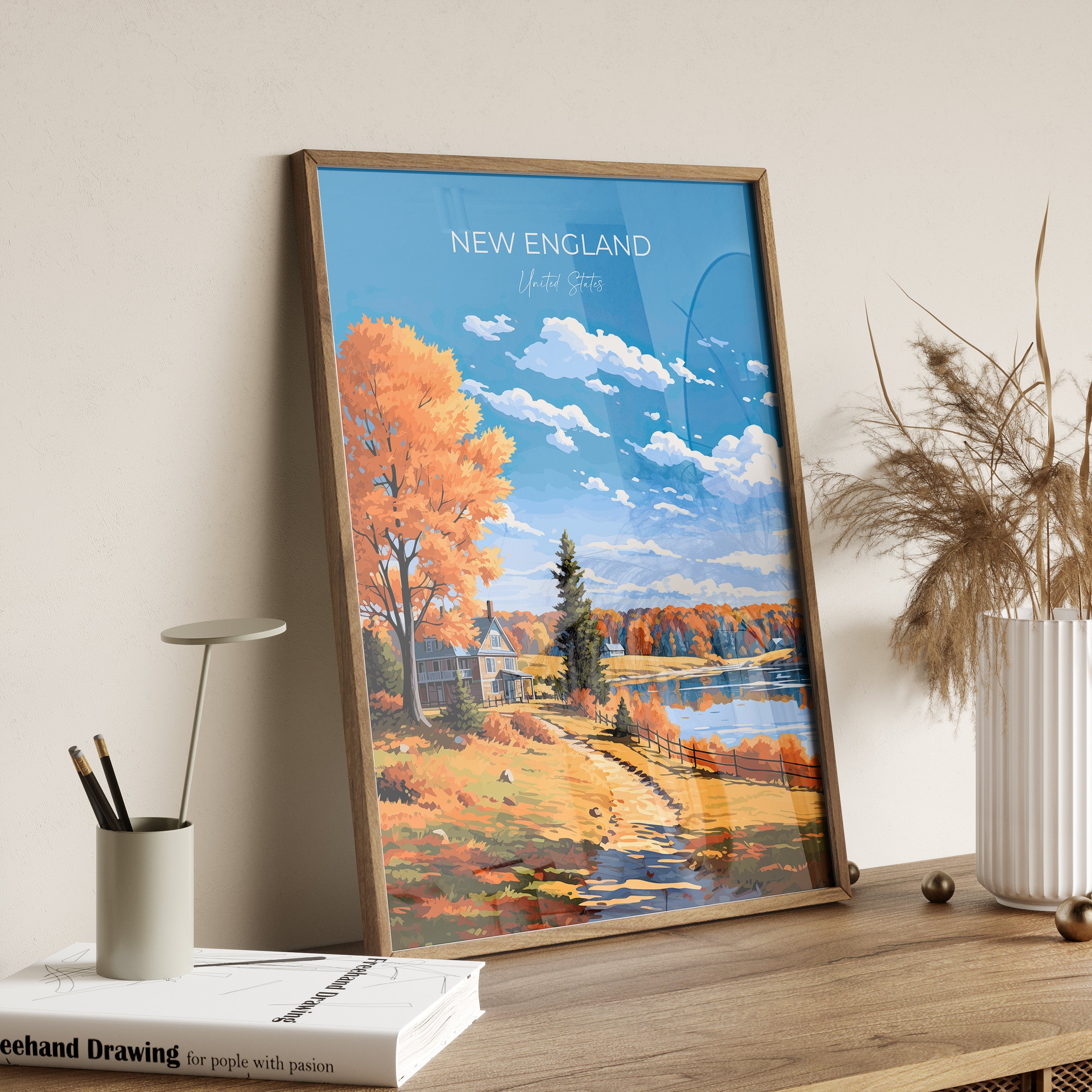 New England Print, Travel Poster of New England, USA print gift, New England Gift Art, Travel Gift NQ Media Designs
