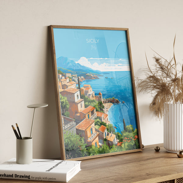 Sicily Travel Poster, Travel Print of Sicily , Italy Poster, Sicily Gift, Sicily Art, Italy Art