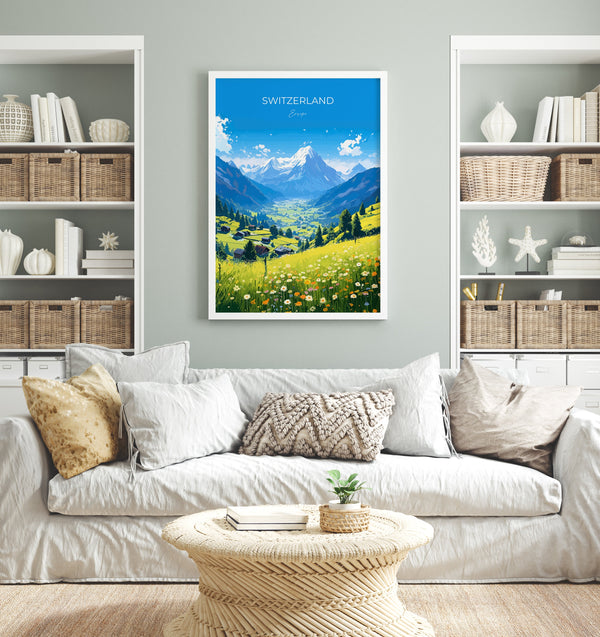 Switzerland Travel Poster, Travel Print of Switzerland, Alps, Swiss Art, Switzerland Gift, Wall Art Print