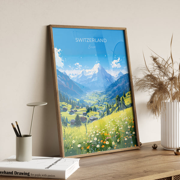 Switzerland Travel Poster, Travel Print of Switzerland, Alps, Swiss Art, Switzerland Gift, Wall Art Print
