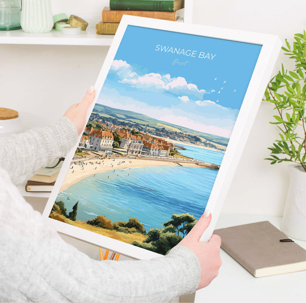 Swanage Bay Travel Print, Travel Poster of Swanage Bay, England, Dorset Coast Art, Dorset Gift, Wall Art Print