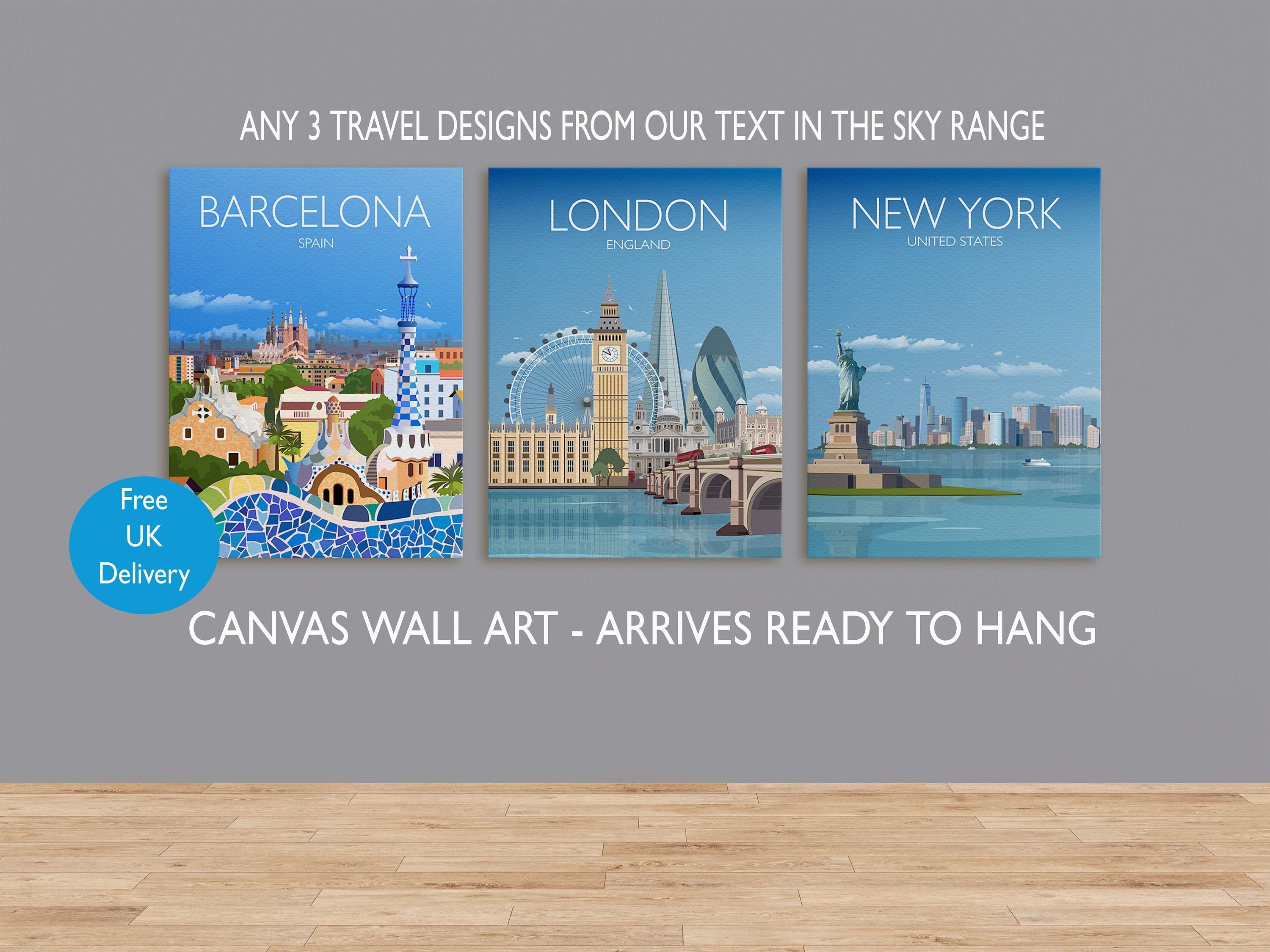 Travel Canvas Print Set | 3 Canvas Prints | Canvas Wall Art | Adventure Travel Art | Sydney, Los Angeles, Cape Town and many more! NQ Media Designs