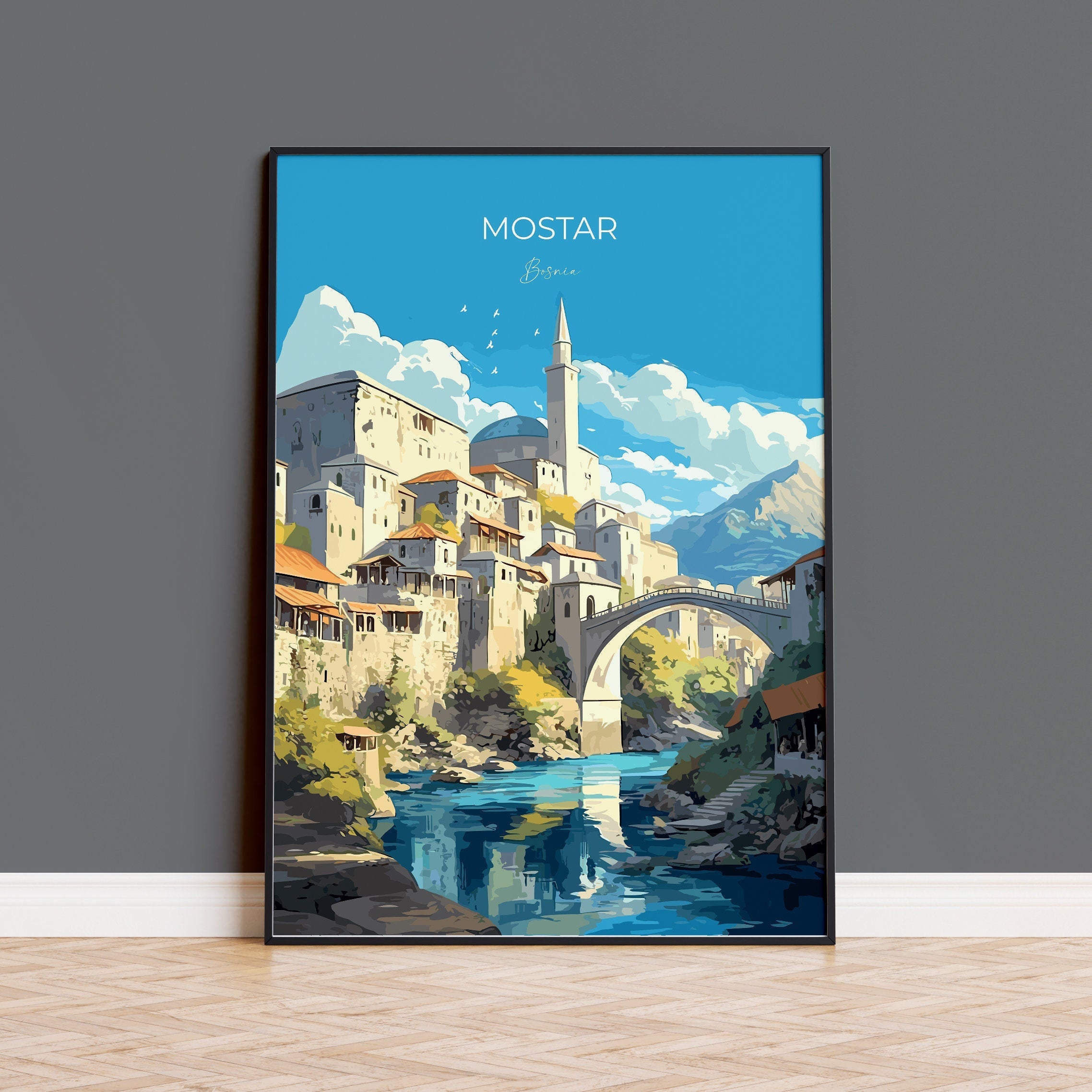 Mostar Travel Print, Travel Poster of Mostar, Bosnia Poster, Mostar Gift, Mostar Art, Bosnia Art NQ Media Designs