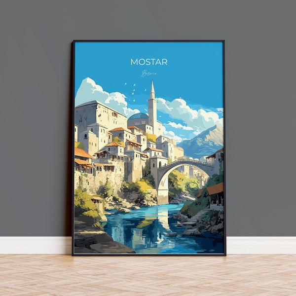 Mostar Travel Print, Travel Poster of Mostar, Bosnia Poster, Mostar Gift, Mostar Art, Bosnia Art
