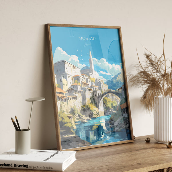 Mostar Travel Print, Travel Poster of Mostar, Bosnia Poster, Mostar Gift, Mostar Art, Bosnia Art