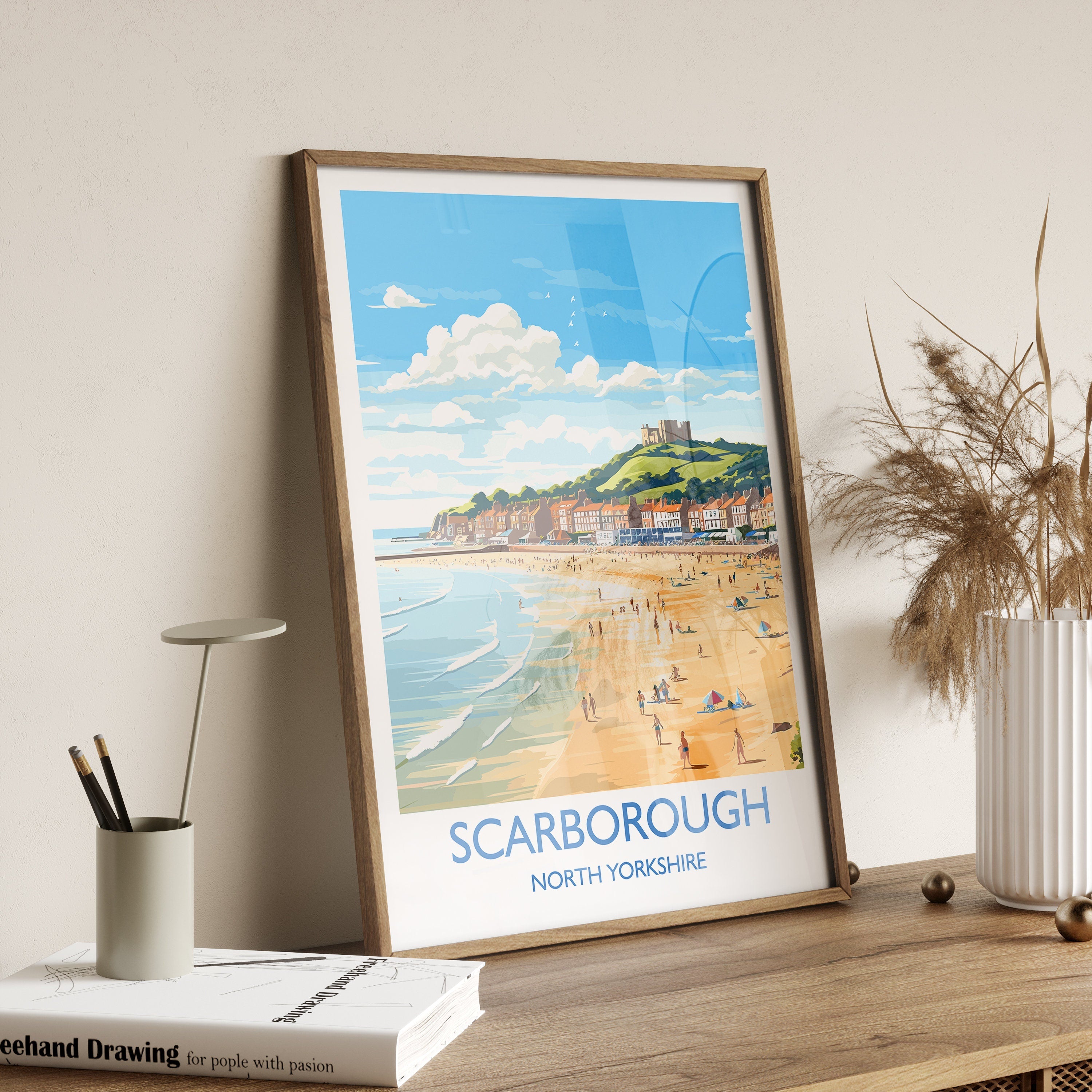 Scarborough Beach Travel Print, Travel Poster of Scarborough, North Yorkshire Gift, England, Norfolk Art, Scarborough Gift, Wall Art Print NQ Media Designs