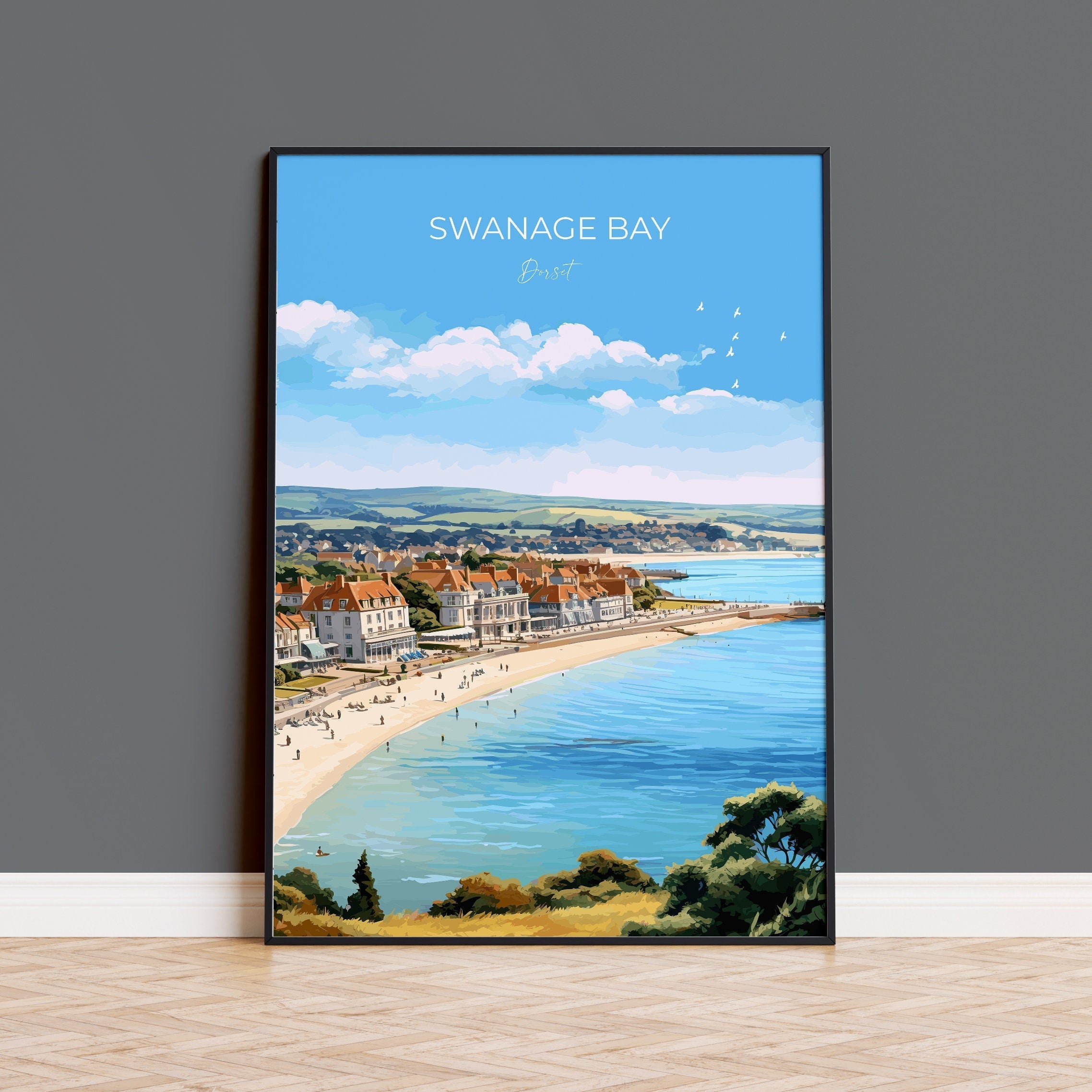 Swanage Bay Travel Print, Travel Poster of Swanage Bay, England, Dorset Coast Art, Dorset Gift, Wall Art Print NQ Media Designs
