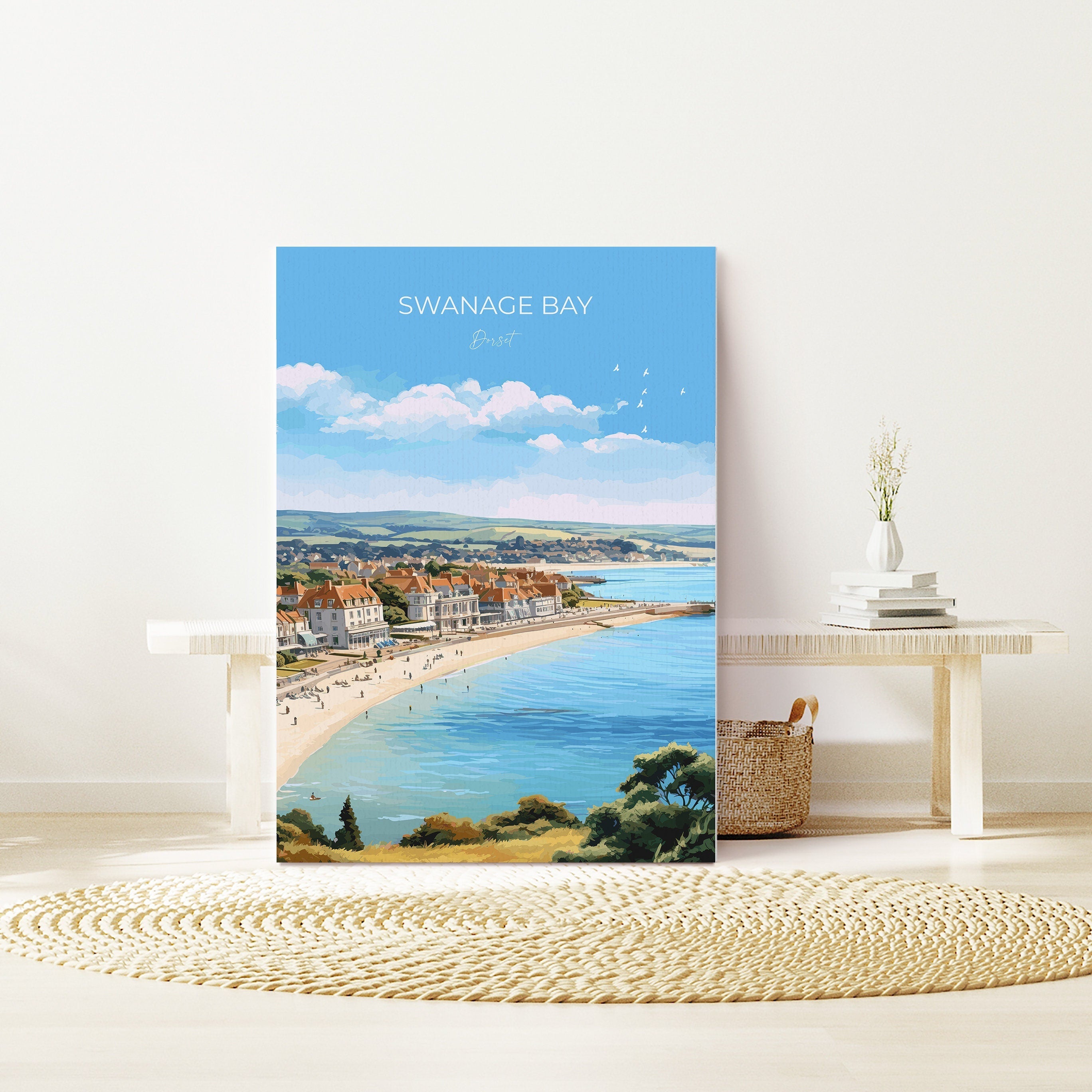 Swanage Bay Travel Print, Travel Poster of Swanage Bay, England, Dorset Coast Art, Dorset Gift, Wall Art Print NQ Media Designs
