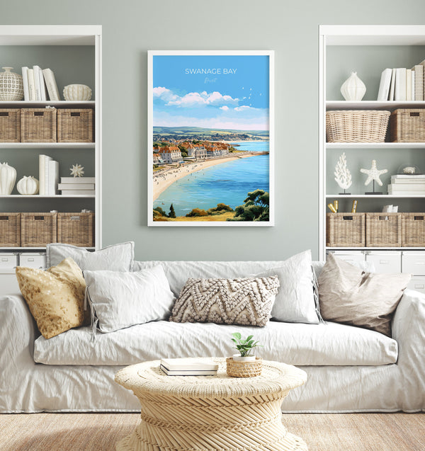 Swanage Bay Travel Print, Travel Poster of Swanage Bay, England, Dorset Coast Art, Dorset Gift, Wall Art Print