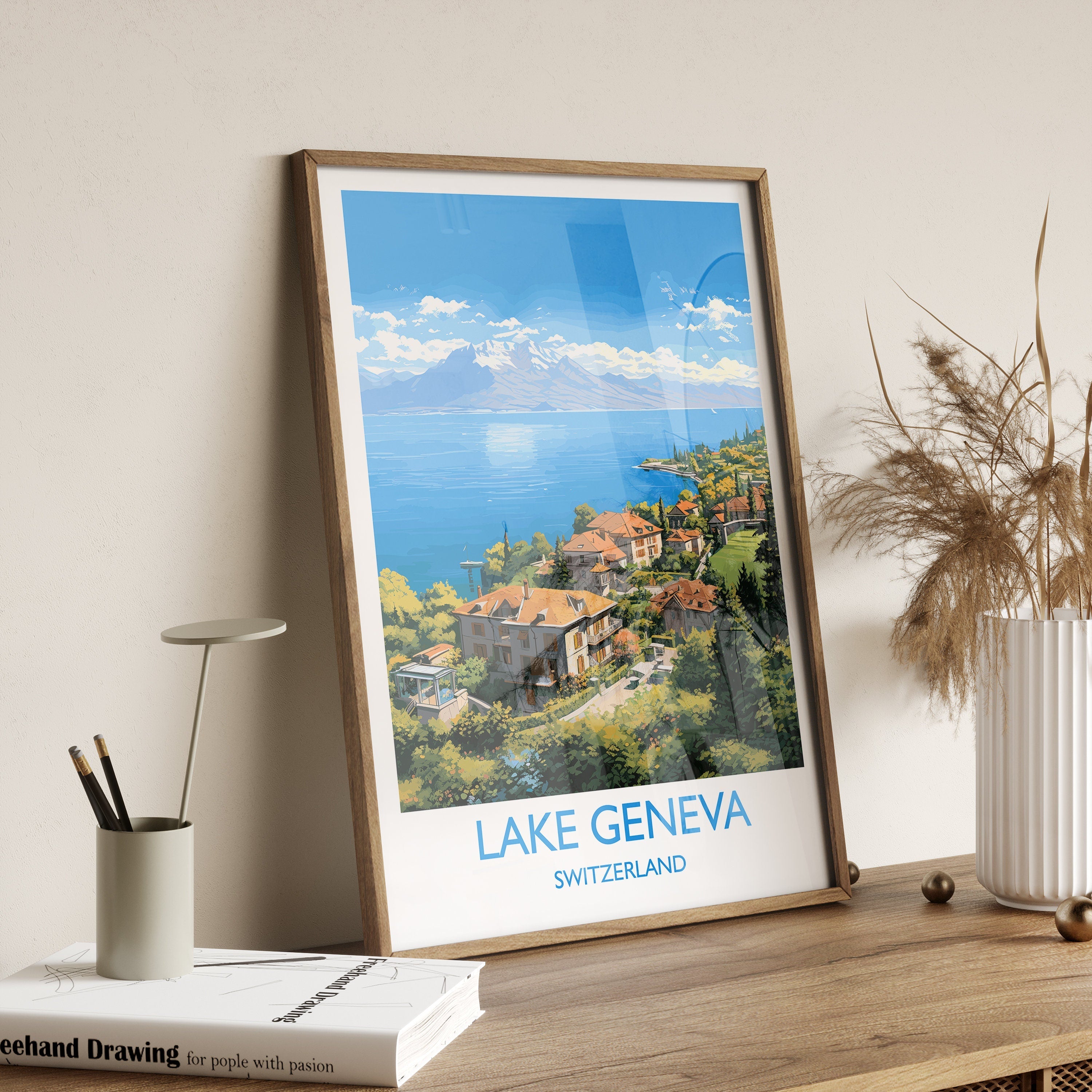 Lake Geneva Travel Print, Travel Poster of Lake Geneva ,Lake GenevaArt Print, Switzerland Wall Print, Geneva Gift,Lake Geneva Artwork NQ Media Designs