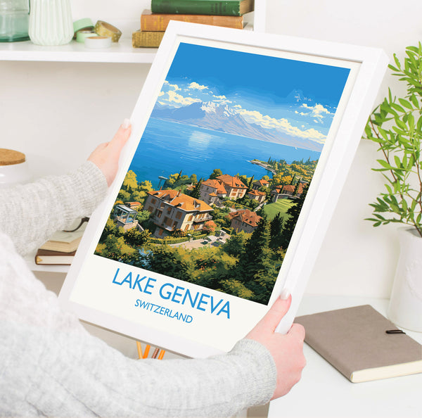 Lake Geneva Travel Print, Travel Poster of Lake Geneva ,Lake GenevaArt Print, Switzerland Wall Print, Geneva Gift,Lake Geneva Artwork