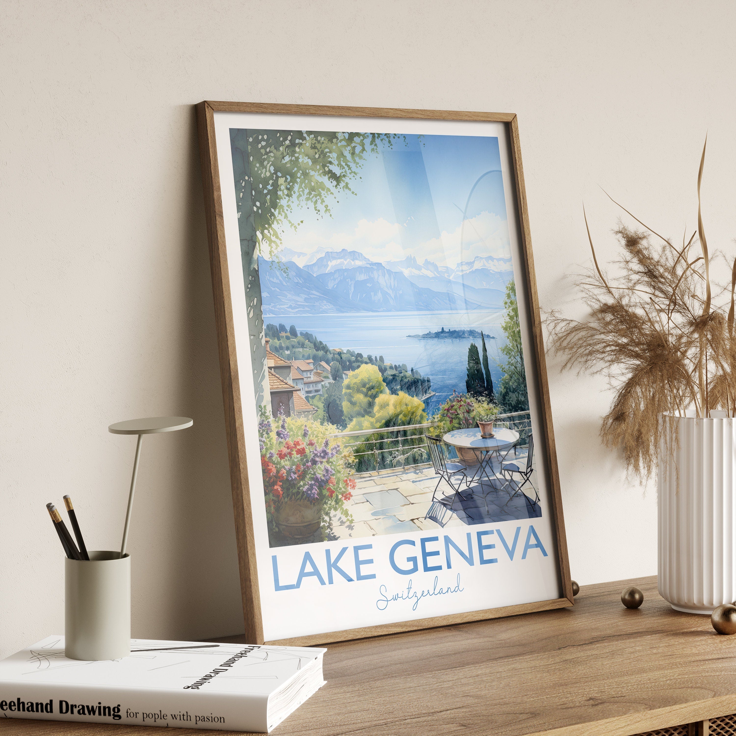 Lake Geneva Poster, Travel Print of Lake Geneva, Lake Geneva, Switzerland, Lake Geneva Art Gift, Switzerland Travel Watercolour Gift NQ Media Designs