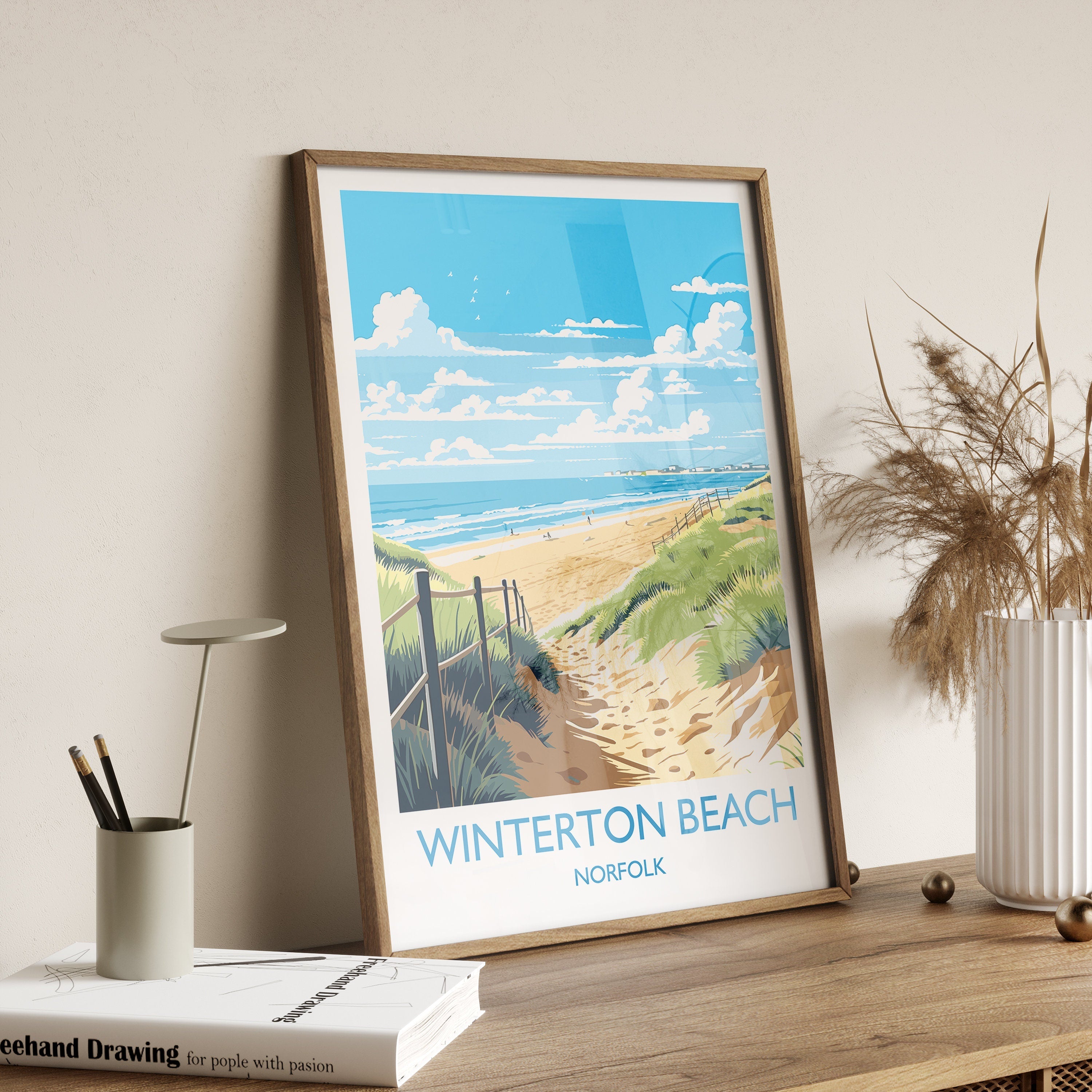 Winterton Beach Travel Print, Travel Poster of Winterton Beach, Norfolk, England, Winterton Beach Gift, Norfolk Art Gift, Wall Art Print NQ Media Designs