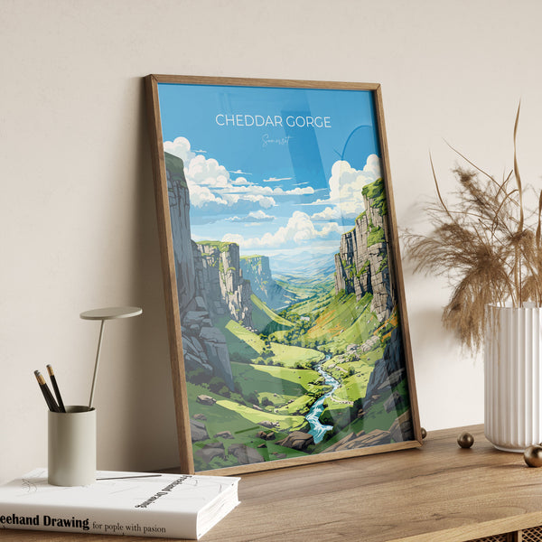 Cheddar Gorge Travel Poster Wall Art, Travel Print of Cheddar Gorge, Somerset, England, Cheddar Gorge Art Lovers Gift, Somerset Gift