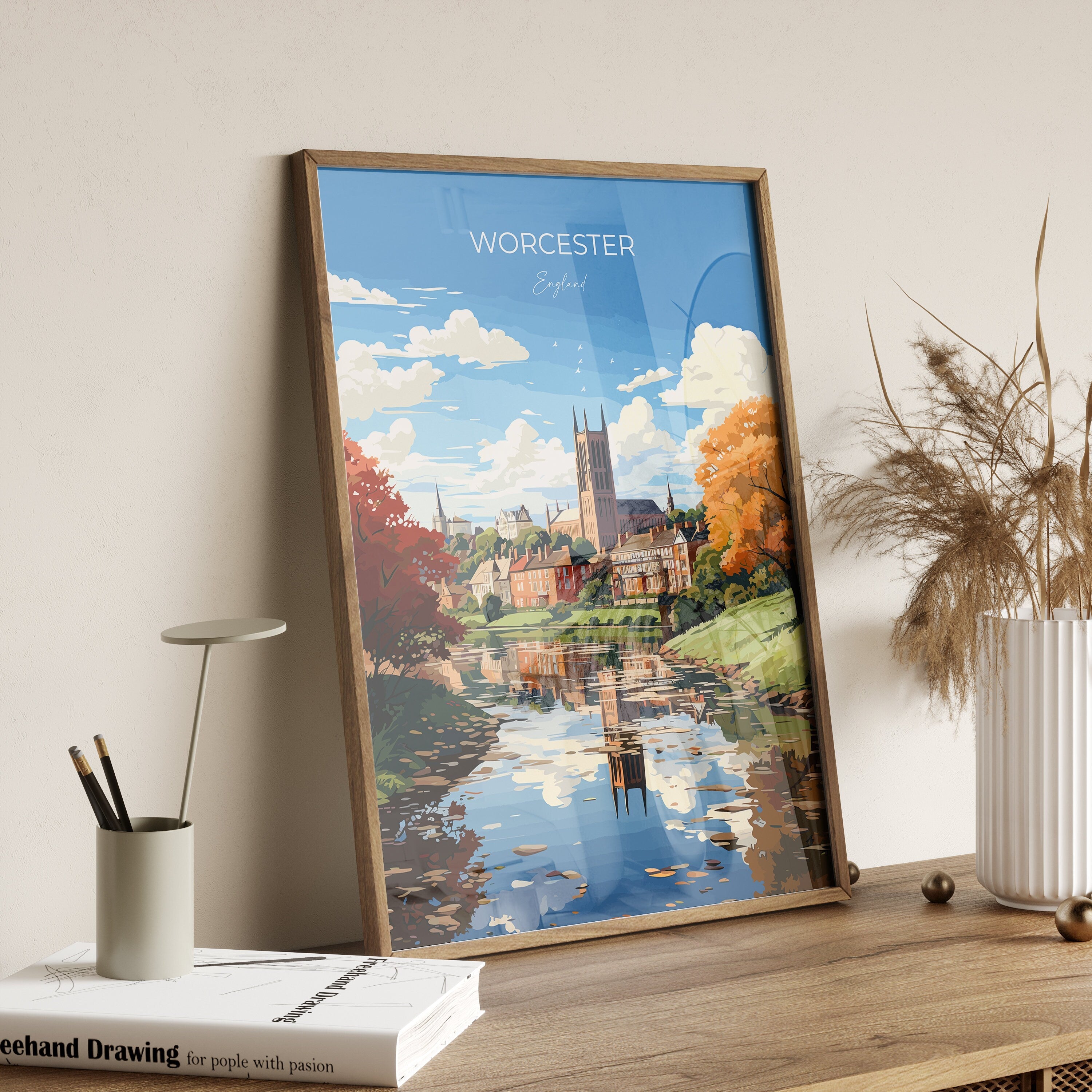 Worcester Poster Travel Wall Art, Travel Print of Worcester, Worcester Art Gift, England, English Countryside Art Lovers Gift, NQ Media Designs