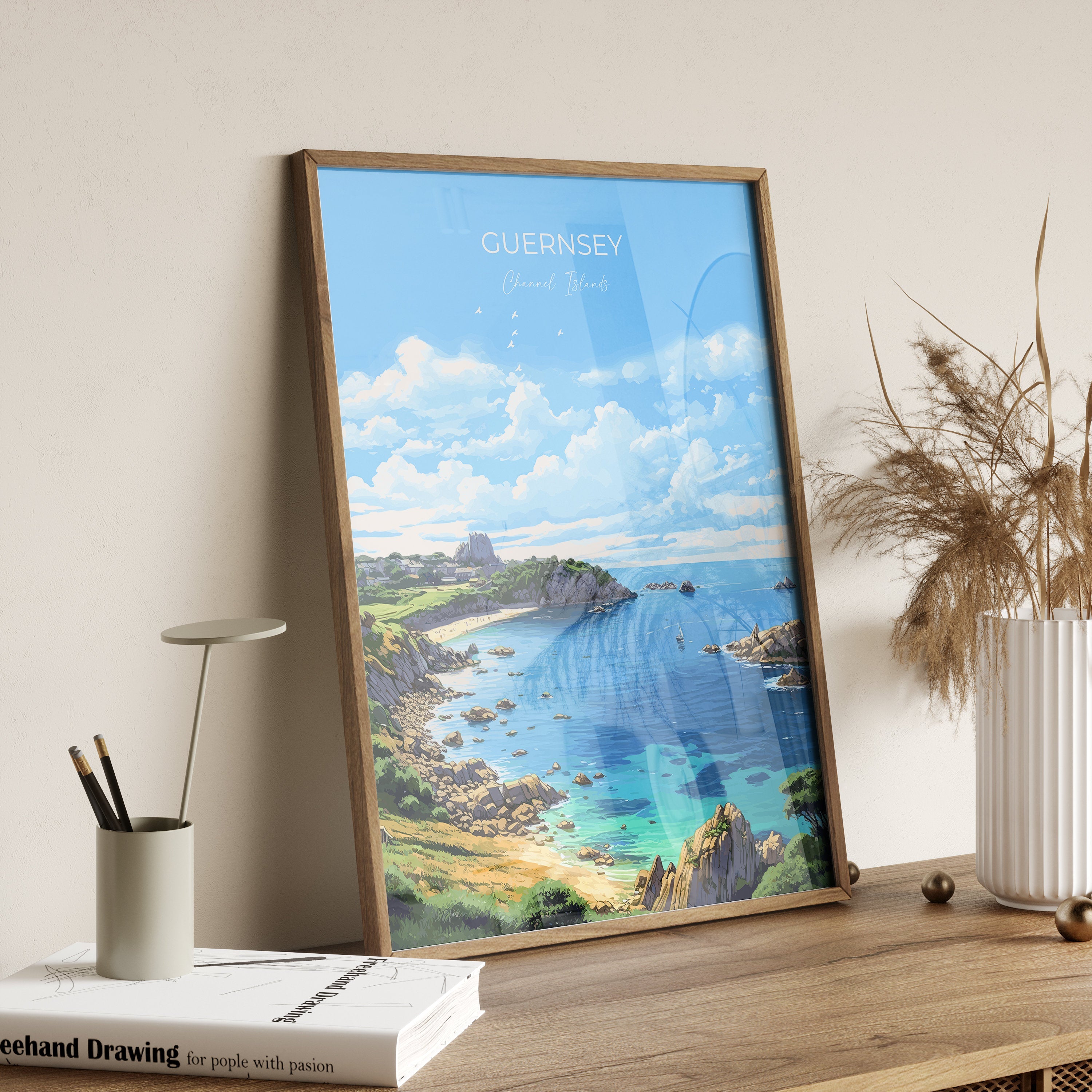 Guernsey Travel Print, Travel Poster of Guernsey, Guernsey Art Lovers Gift, Channel Islands, Wall Art Print NQ Media Designs