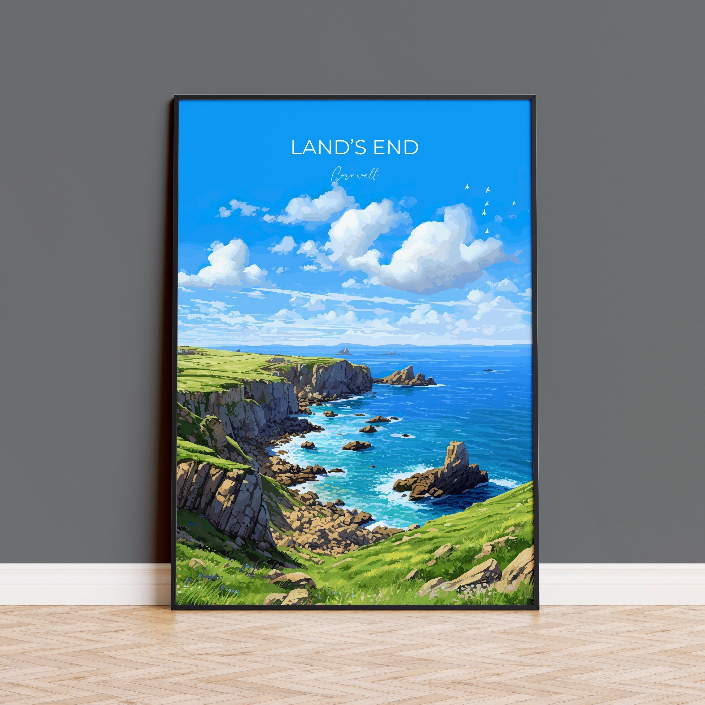 Lands End Travel Poster Wall Art, Travel Print of Lands End, England, Cornwall Art Lovers Gift, Wall Art Print NQ Media Designs